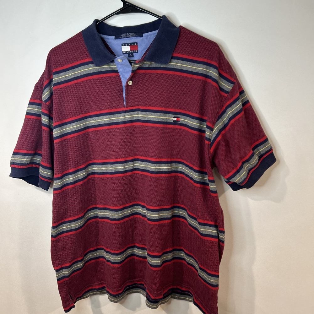 VTG Tommy Hilfiger Men's L Cotton Polo Red/Navy Striped Short Sleeve Collared